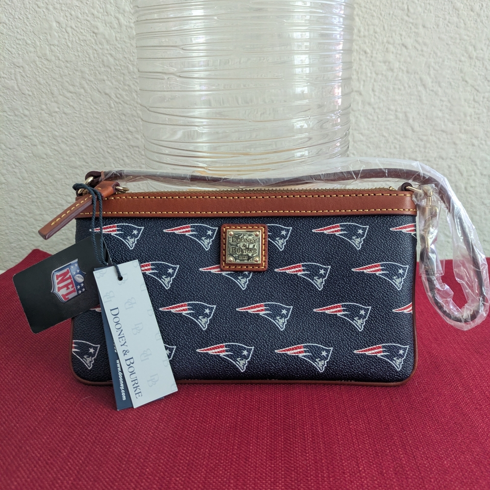 Dooney & Bourke Navy New England Patriots Wristlet with Brown Trim